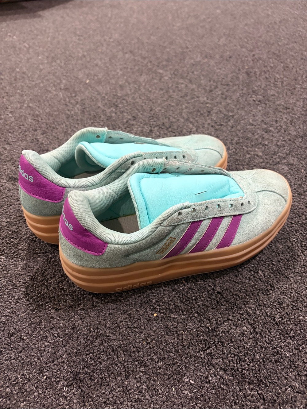 adidas Kids Size 3 1/2 Aqua Suede Sneakers with Purple Stripes